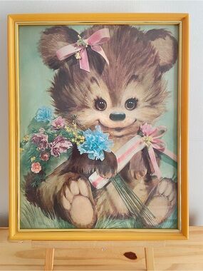 Vintage Yellow Framed Baby Bear Print Children's Wall Art Nursery Decor
